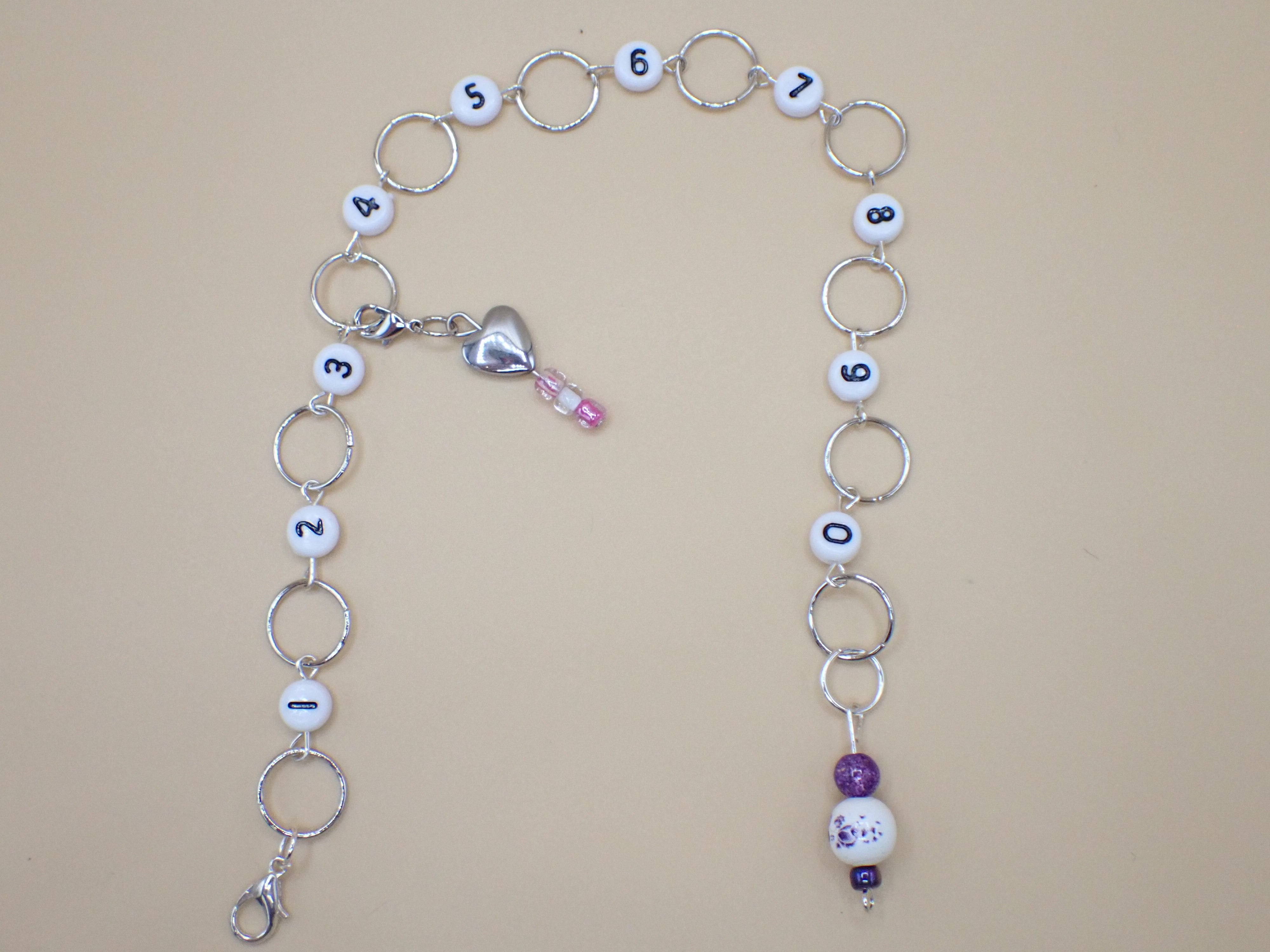 Row Counter Chain for Knit or Crochet, with Small Purple Flowers on White  Bead